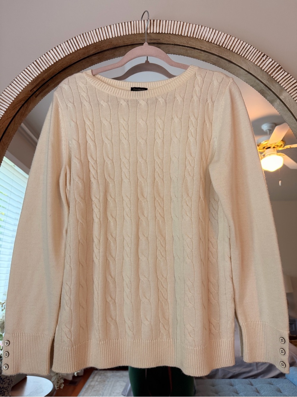 Talbots L Cream Oatmeal Lambswool Blend Cable Knit Sweater Button Cuff Preppy